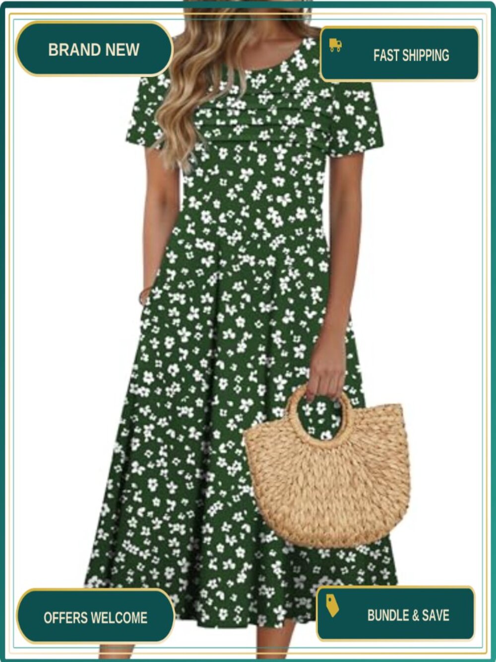 Floral Midi Dress Short Sleeve Puff Sleeve with Pockets Loose Fit Summer